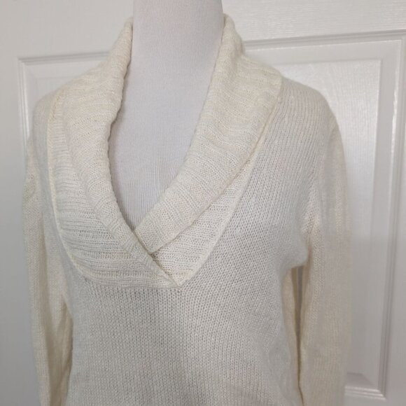 J Crew Factory Shawl Collar Sweater Womens Size Medium Cream Wool Mohair Knit - Picture 2 of 7